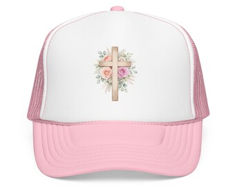 Gorra de camionero de espuma con cruz floral / Cruz rústica rosa con rosas