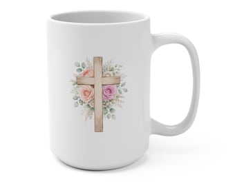Taza de café de 443 ml con cruz y flores / Taza de café con motivos cristianos