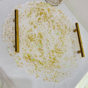 Tray Serving Tray Serving Plate - White with Gold - Stainless Steel Handles - Round 33 cm