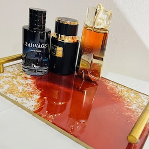 Serving tray decorative tray serving plate - red gold with stainless steel handles