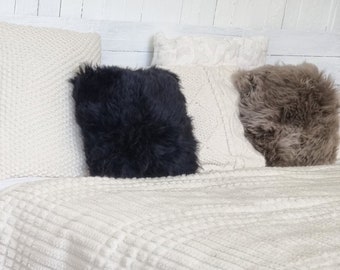 Black real fur cushion | New Zealand sheepskin | dark furry pillow