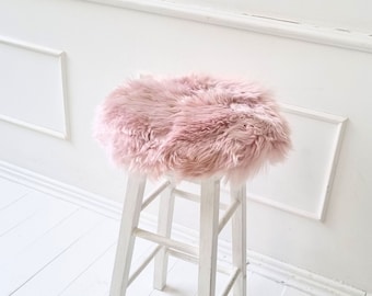 Pink round sheepskin seat cushion | Natural fur chair pad | 35 cm | 13.8 in