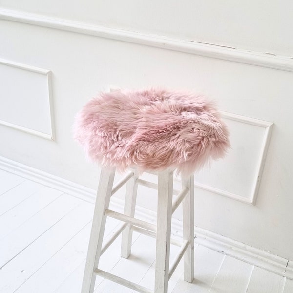 Coussin d'assise rond en peau de mouton rose | Coussin de chaise en fourrure naturelle | 35 cm | 13,8 pouces