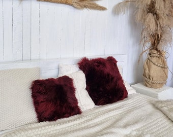 Genuine burgundy red sheepskin decorative cushion | New Zealand fur throw pillow | Burgundy red cushion |  Red fur home decor