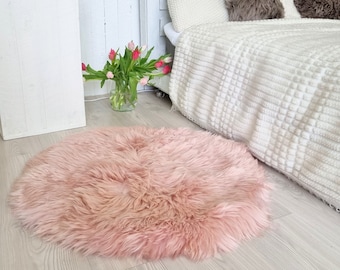 Pink round genuine sheepskin rug | nursery room fluffy circular rug | princess room accent rug | 70 cm or 27.6 in