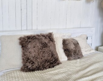 Taupe real sheepskin cushion | two sizes | natural fur throw pillow | living room accesories