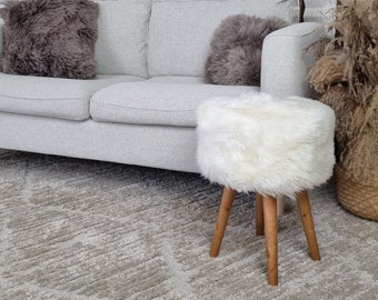 White sheepskin stool with oak legs | Light small chair | Furry ottoman