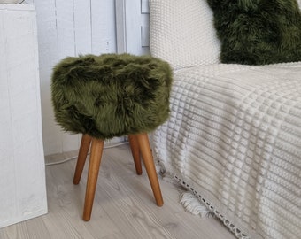 Green genuine fur stool with wooden legs | Sheepskin small chair | Furry decor | Green vanity stool | Furry kid's room decor