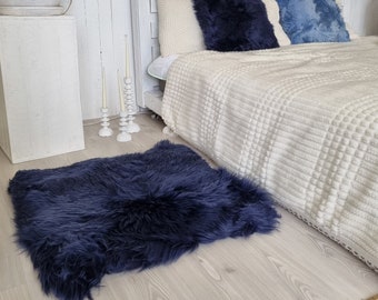 Dark blue square genuine sheepskin rug | New Zealand sheepskin furry rug | Kid's room accent rug | 70x70 cm or 27.6x27.6 in