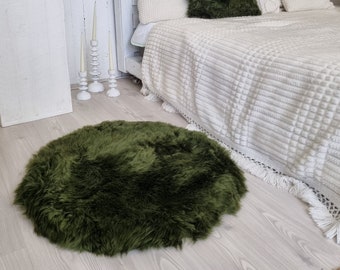 Tapis rond vert en fourrure véritable | circulaire en peau de mouton de Nouvelle-Zélande naturelle | tapis décoratif pour chambre d'enfant | 70 cm ou 27,6 po.