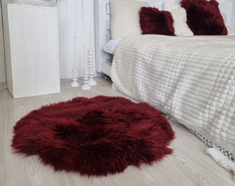 Burgundy red round genuine sheepskin rug | natural New Zealand sheepskin circular rug | nursery room accent rug | 70 cm or 27.6 in