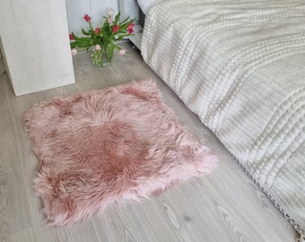 Light pink square genuine sheepskin rug | Girl's room decor | Nursery room plush rug | Princess room decor | 70x70 cm or 27.6x27.6 in