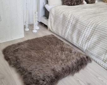 Brown square natural sheepskin rug | Taupe accent genuine fur rug | New Zealand sheepskin rug