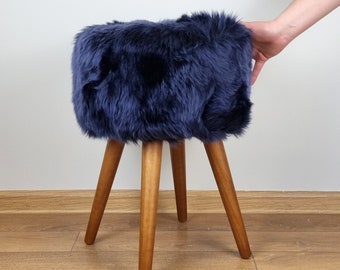 Navy blue sheepskin vanity stool with oak legs | Dark blue home decor | Navy blue fur furniture | Dark blue kid's room decor accent