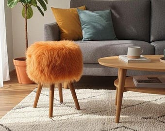 Orange Sheepskin Stool: Oak Legs, Furry Kid's Room Decor