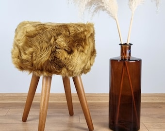 Khaki yellow sheepskin stool with oak legs | Khaki genuine fur small chair | Mustard color home decor |  Sheepskin tabouret