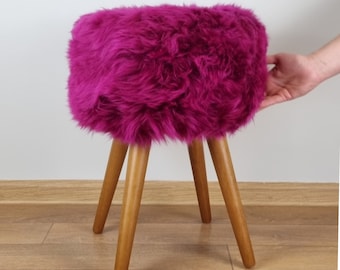 Pink sheepskin stool with oak legs | Girl's room furniture | Rose princess chair | Pink fur vanity chair |