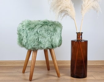 Minty green sheepskin stool with wooden legs | Sage green small chair | Furry decor | Kid's room decor | Vanity chair