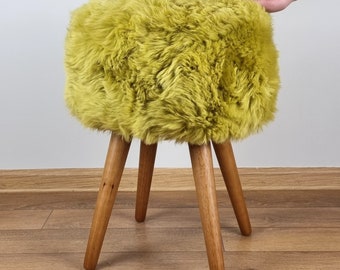 Green yellow sheepskin makeup vanity stool with oak legs | Natural fur small chair | Kid's room chair | Genuine chartreuse sheepskin stool