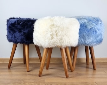 White and blue sheepskin stool with oak legs | Boy's room chair | Furry vanity chair | Kid's room decor