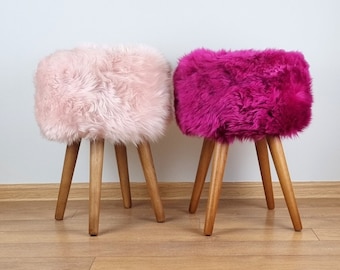 Pink sheepskin vanity stool with wooden legs | Girl's room decor | Natural fur home accessories | Rose furry small foot rest