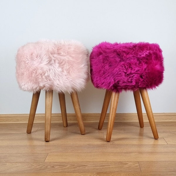 Pink sheepskin vanity stool with wooden legs | Girl's room decor | Natural fur home accessories | Rose furry small foot rest