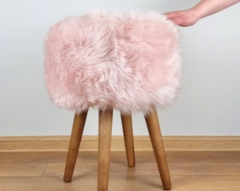 Light pink sheepskin stool with oak legs | Girl's room decor | Natural fur chair | Pink vanity chair | Rose sheepskin tabouret