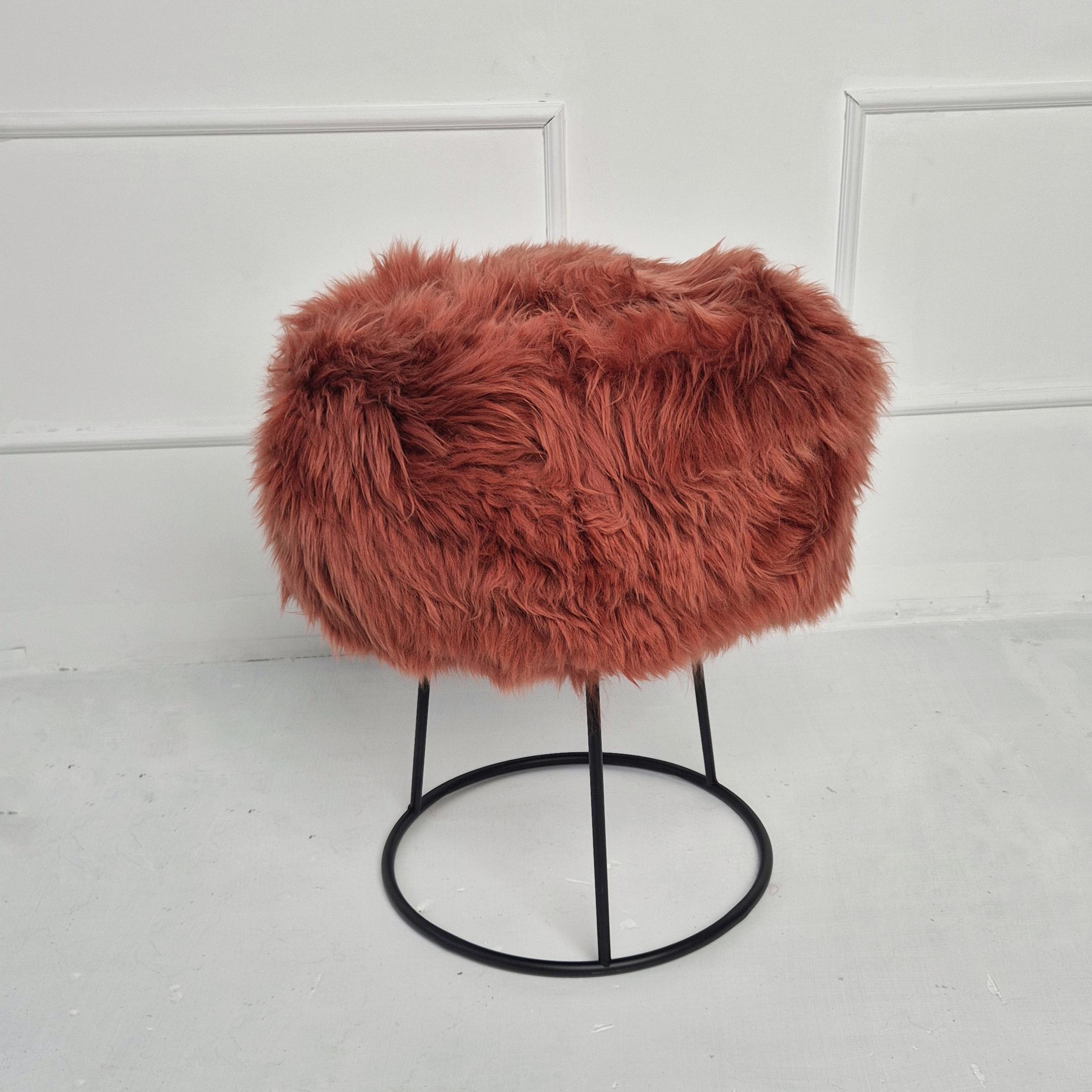 Pink Sheepskin Stool With Black Metal Legs Natural and Luxurious