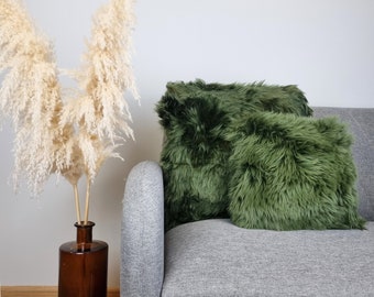 Green real fur throw pillow | New Zealand sheepskin cushion | kid's room furry pillow | two sizes