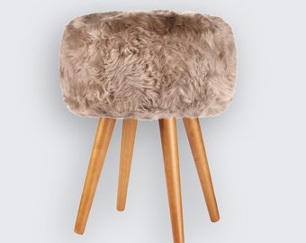 Beige light brown sheepskin stool with oak legs | Brown small chair | Fur ottoman