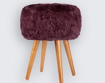 Plum purple sheepskin stool with oak legs | Natural fur chair | Kid's room furniture