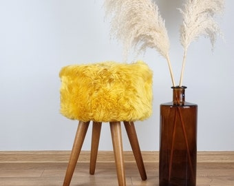 Yellow sheepskin small kid's room chair with oak legs | Natural fur stool | Kid's room decor | Yellow fur vanity chair
