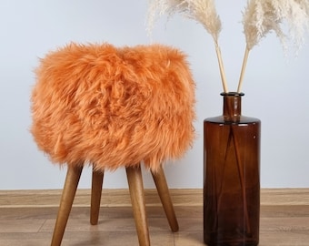 Orange real sheepskin stool with wooden legs | Kid's room small chair | Furry decor