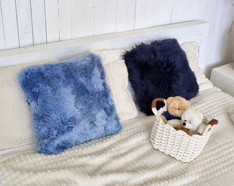 Light blue sheepskin throw pillow | decorative cushion for boy's room | nursery room decor