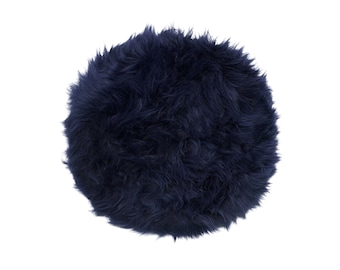 Navy blue round sheepskin seat pad | Genuine fur chair cushion | 35 cm | 13.8 in