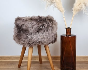 Taupe brown sheepskin stool with oak legs | Brown small chair | Furry ottoman | Fluffy brown accent chair | Brown sheepskin foot rest