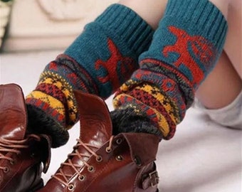 Fashion Elk Knitted Knee-High Socks Soft Leg Warmer for Women Winter Warm Christmas Xmas Gift