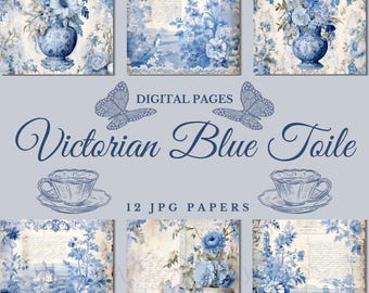 Victorian Romantic Blue Toile Digital Papers, Artistic Flowers and Vases Composition Pages, French Style Lace Collage Graphic Image, Pattern
