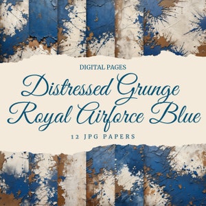Papeles digitales cuadrados azules de la Real Fuerza Aérea con efecto grunge desgastado, página con textura sepia rústica, agrietada y manchada, regalo gráfico elegante, tendencia
