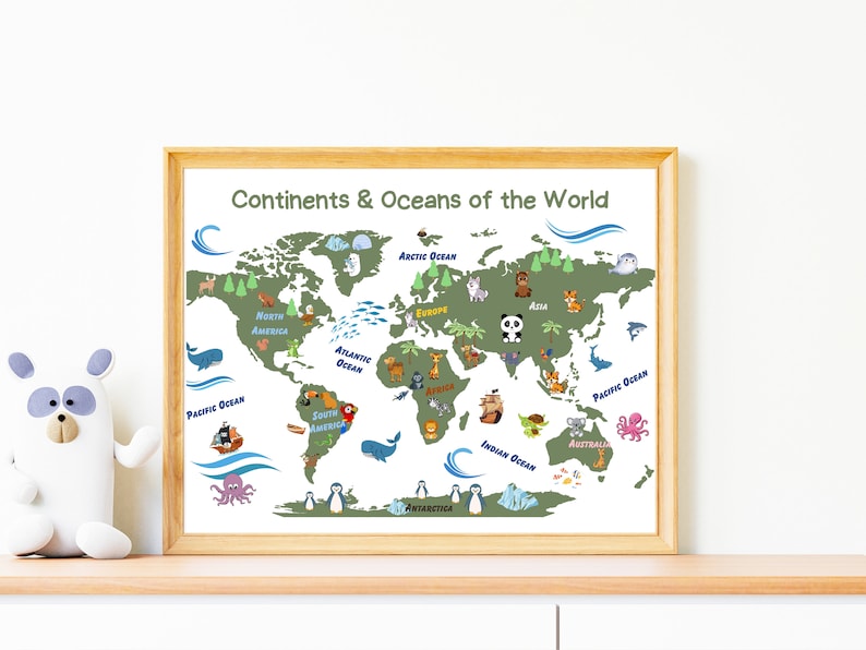 Educational World Map Poster for Kids: Continents, Oceans, Animals, and ...