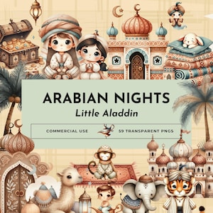 Aquarel Arabian Nights Little Aladdin clipart, kinderkamer kunst, zachte aardetinten, schattige digitale sprookjesafbeeldingen voor ambacht en decor, artwork