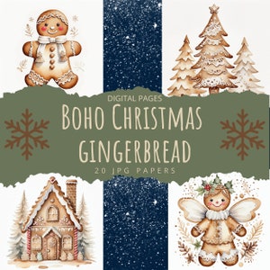 Boho kerst peperkoekmix digitaal papier, koekjeshuis, sneeuwpop, fee, kerstman, slee grafisch beeld, dennenboom, ster, sjaal JPG