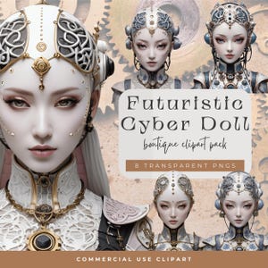 未来的なサイバードールブティックのクリップアート | エレガントなSFポートレートパック | デジタルプロジェクト、クラフト、趣味のためのサイバーパンクな磁器ロボット | テクノ