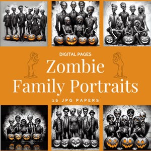 Lustige Zombie Familie Halloween digitale Kunst, gruseliger gruseliger Portrait-Druck, gotische untote Charaktere Design für Scrapbook oder Einladungen, Funky