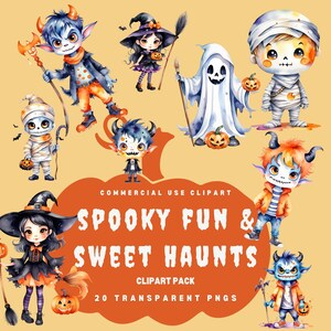 Pack de cliparts Halloween fantômes effrayants momie sorcière fantôme monstre image téléchargeable fantasmagorique amusant chapeau balai oeuvre d'art imprimable mignon corne sculptée
