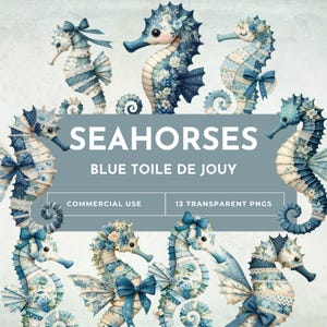 PNG à clipart hippocampe, 13 illustrations de style Chinoiserie bleue | Toile d'art floral nautique pour travaux manuels, sublimation, projets de décoration, éphémères