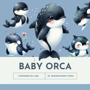 ベビーシャチのクリップアートセット - 水彩風の可愛らしいクジラ類と花のアクセント。お子様の工作、保育園の装飾、デジタルデザイン、エフェメラに最適
