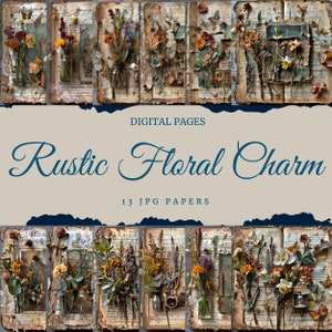 Rustikale Blumen Charme Digital Papier Seite alte Vintage antike viktorianische getrocknete Blume Grafik Handschrift Buch Schmetterling Instant Download