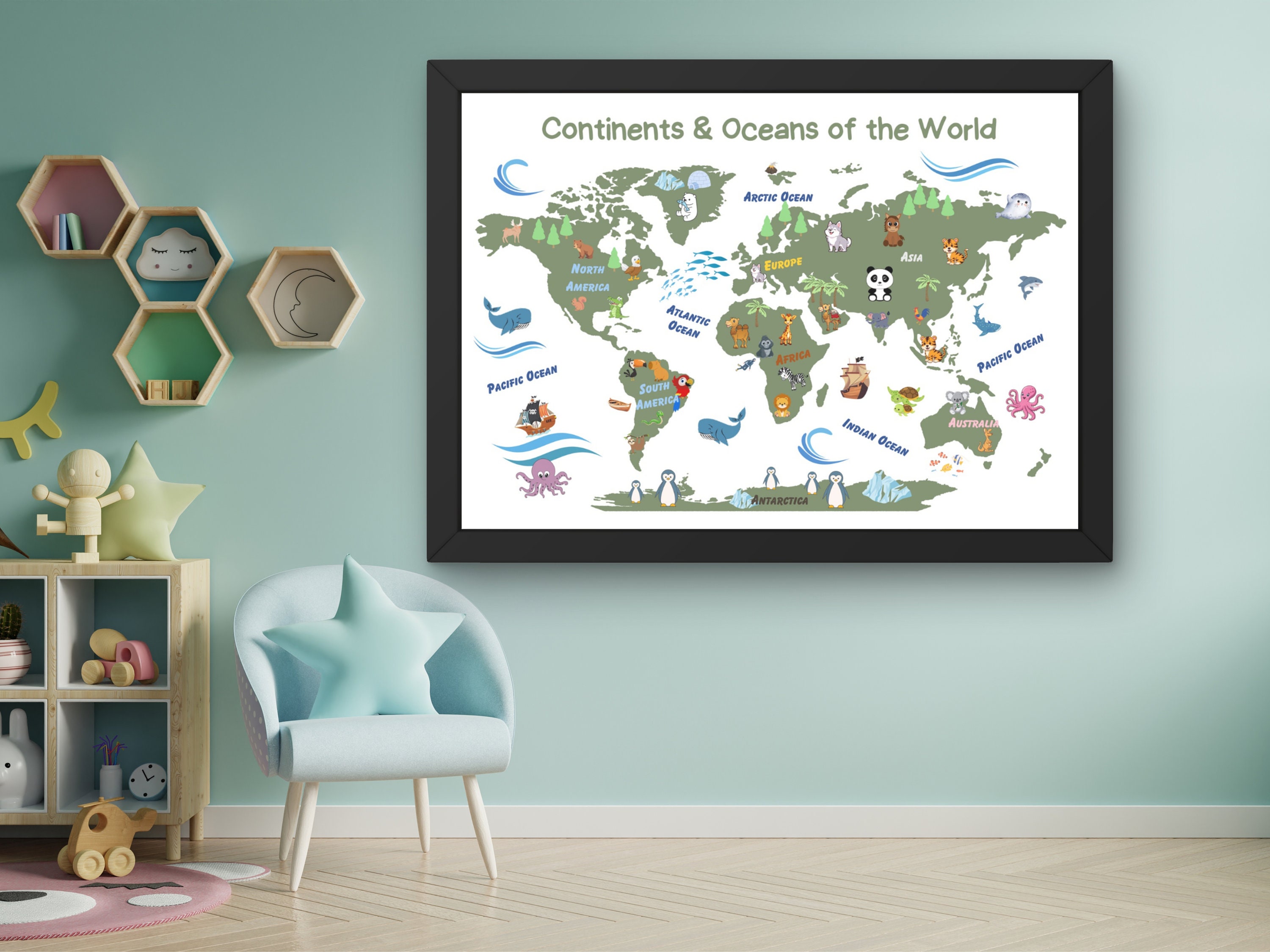 Educational World Map Poster for Kids: Continents, Oceans, Animals, and ...