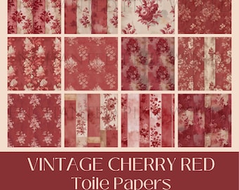 Cherry Red Toile Digital Paper Pack, Vintage Aesthetic Scrapbook Background, Shabby Chic Junk Journal Texture, Romantic Antique Style JPG
